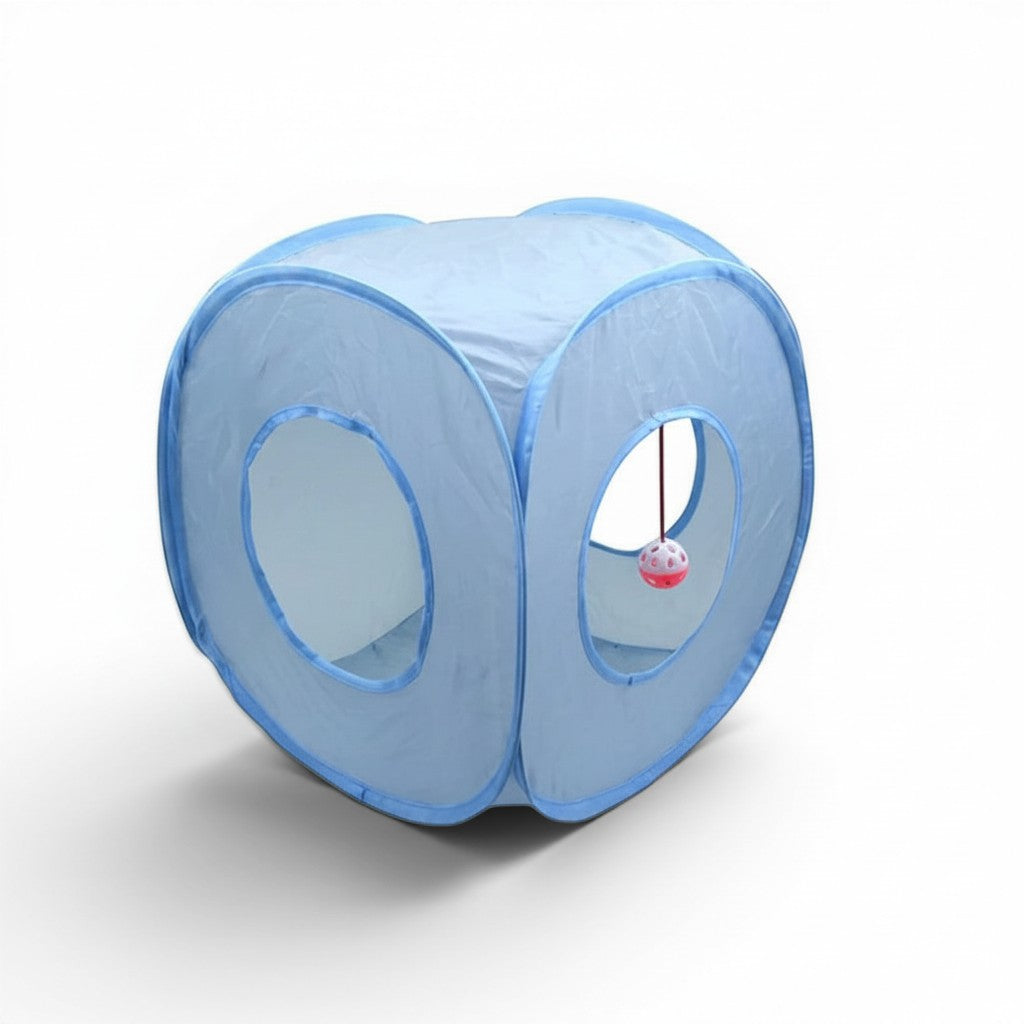 Tunnel à chat pliable bleu en nylon par Esprit Chat avec balle suspendue pour le jeu et l'exercice des félins
