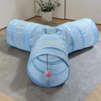 Tunnel à chat bleu à trois voies en nylon avec balle suspendue, jouet interactif pour chat de la marque Esprit Chat.