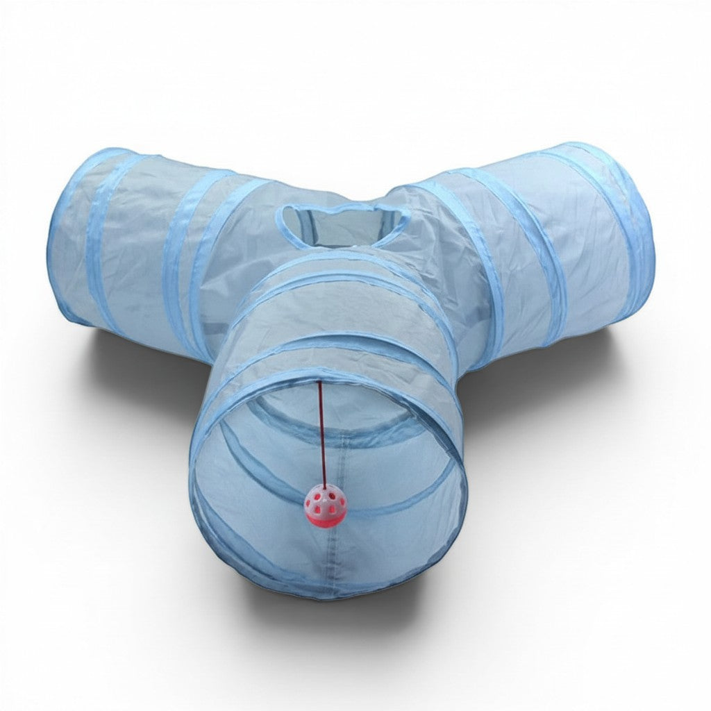 Tunnel à chat bleu à trois voies en nylon avec balle suspendue, jouet interactif pour chat de la marque Esprit Chat.