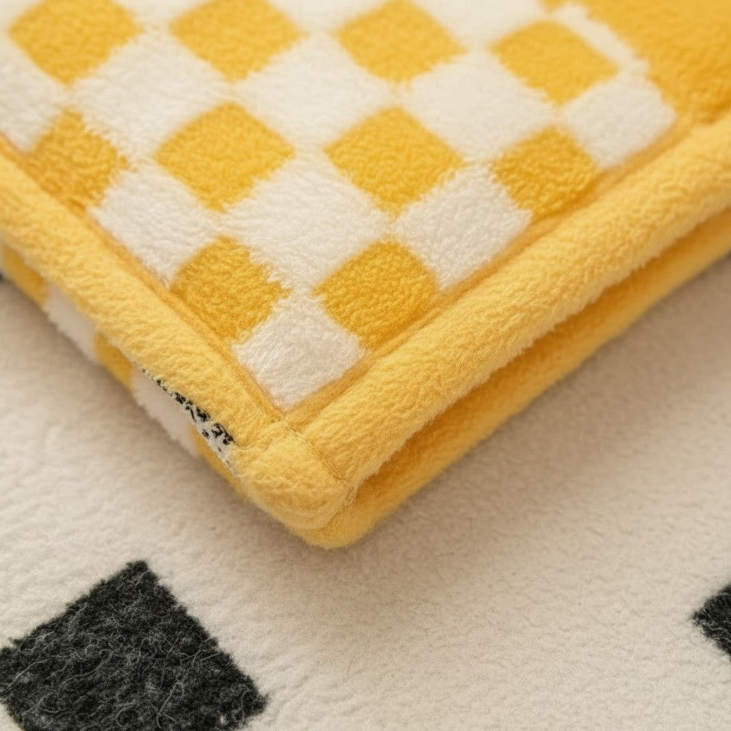 Tunnel pour chat 2 en 1 Esprit Chat en laine douce jaune et blanc à motif damier, pliable et lavable.