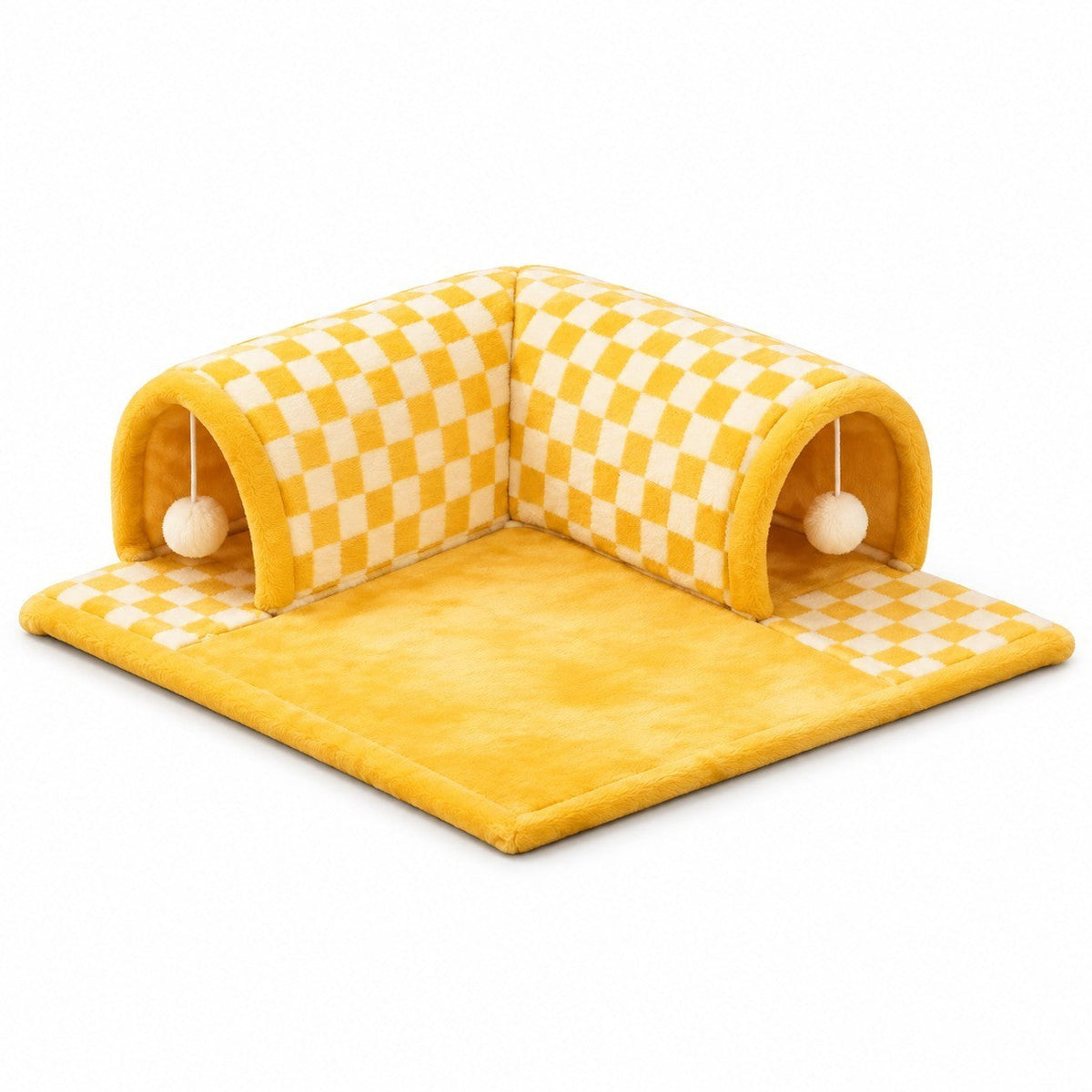 Tunnel pour chat 2 en 1 Esprit Chat jaune à motif damier, tapis de jeu douillet en laine avec pompons suspendus