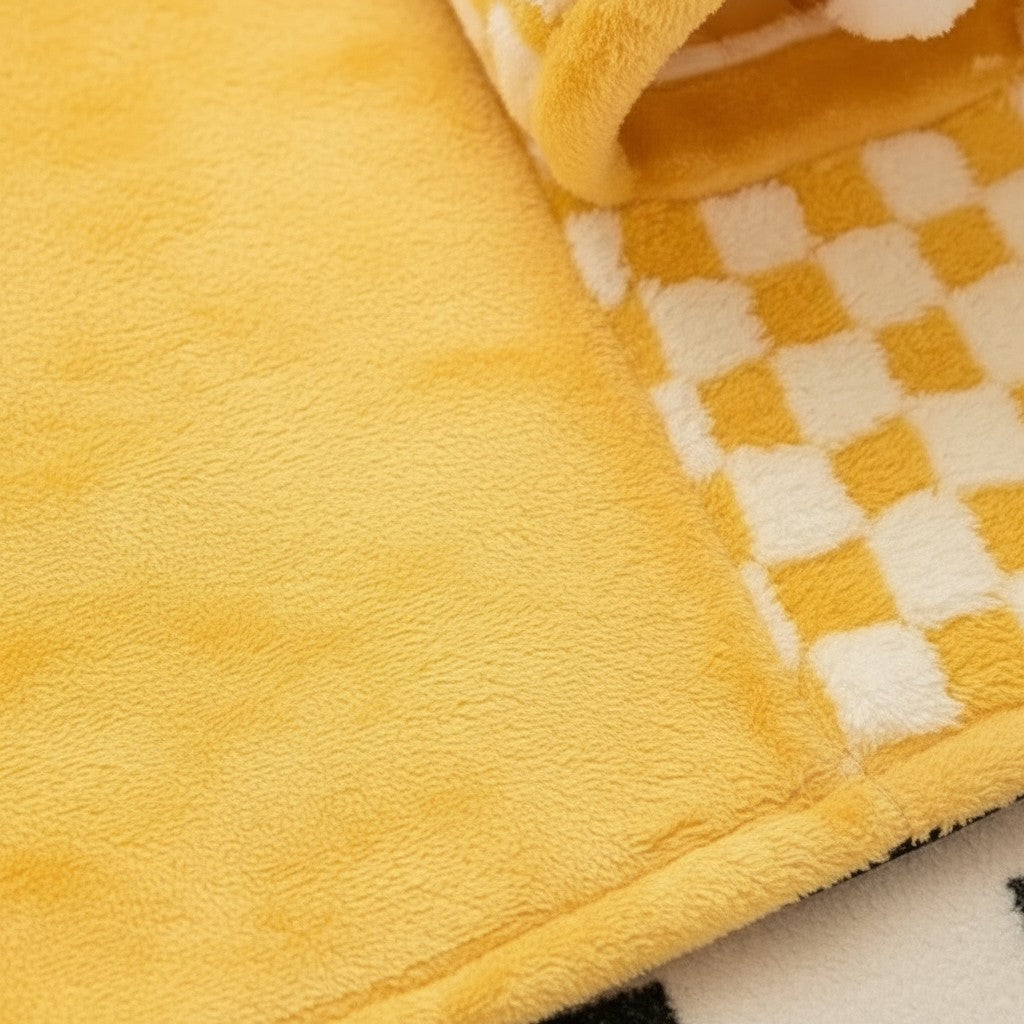 Tunnel pour chat Esprit Chat en laine jaune et blanc à motif damier, doux et confortable pour le repos et le jeu.