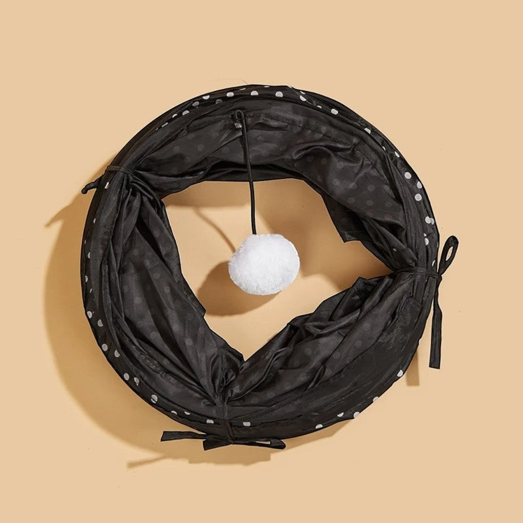 Tunnel pour chat Esprit Chat pliable en polyester noir à pois blancs avec un pompon suspendu pour le jeu