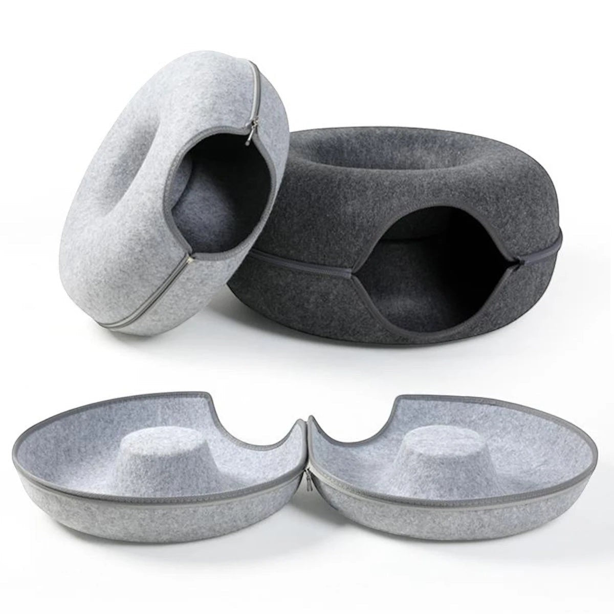 Tunnel pour chat Esprit Chat en feutre gris, design en forme de beignet avec fermeture éclair démontable
