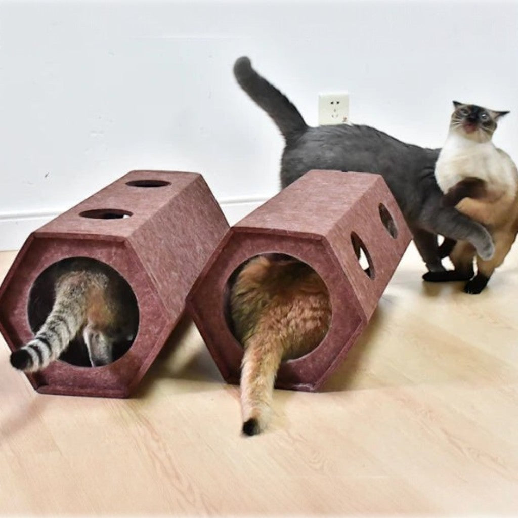 Tunnel de jeu Esprit Chat en feutre marron pour chats, avec des ouvertures hexagonales pour le repos et le jeu.