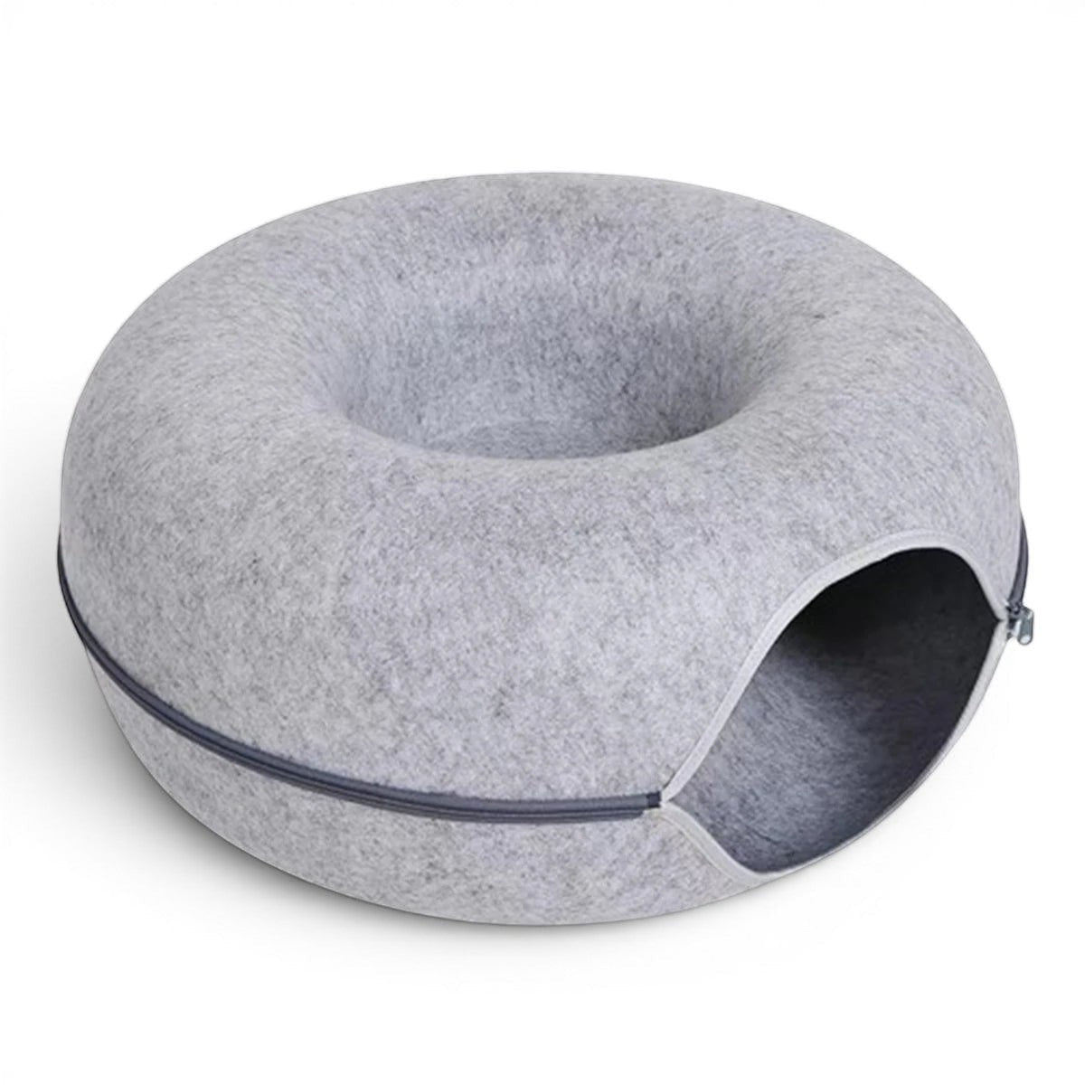 Tunnel pour chat Esprit Chat gris en feutre doux, forme ronde type beignet avec fermeture éclair pratique