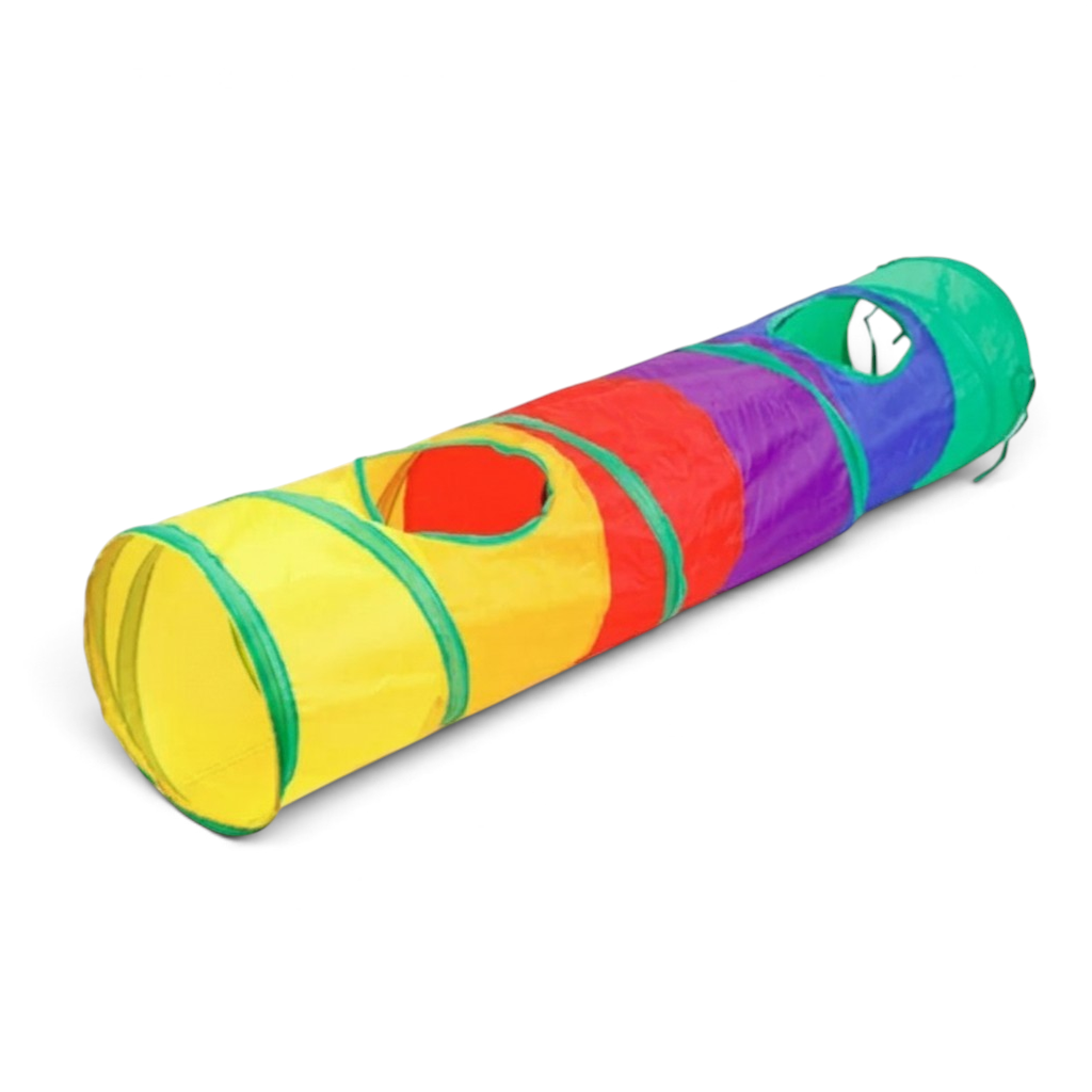 Tunnel de jeu pliable Esprit Chat pour chat, design arc-en-ciel coloré en polyester, idéal pour l'exercice et le jeu.