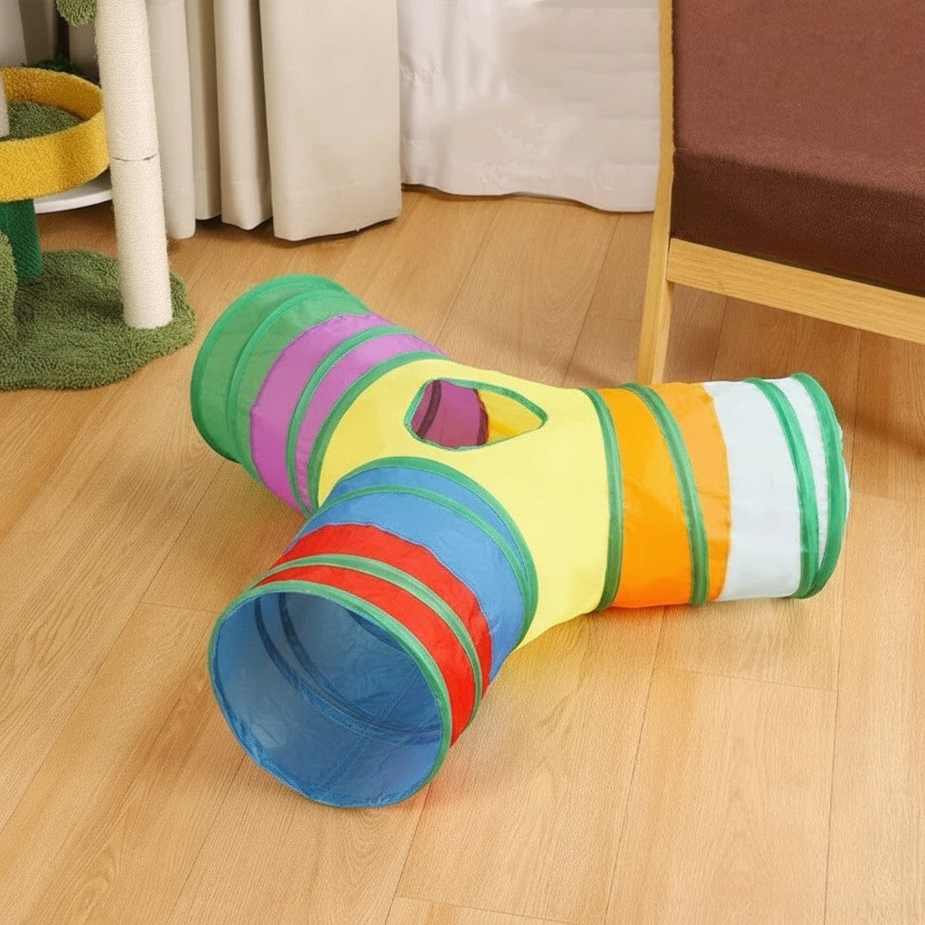 Tunnel de jeu Esprit Chat pliable en polyester arc-en-ciel pour divertir et stimuler les chats à l'intérieur