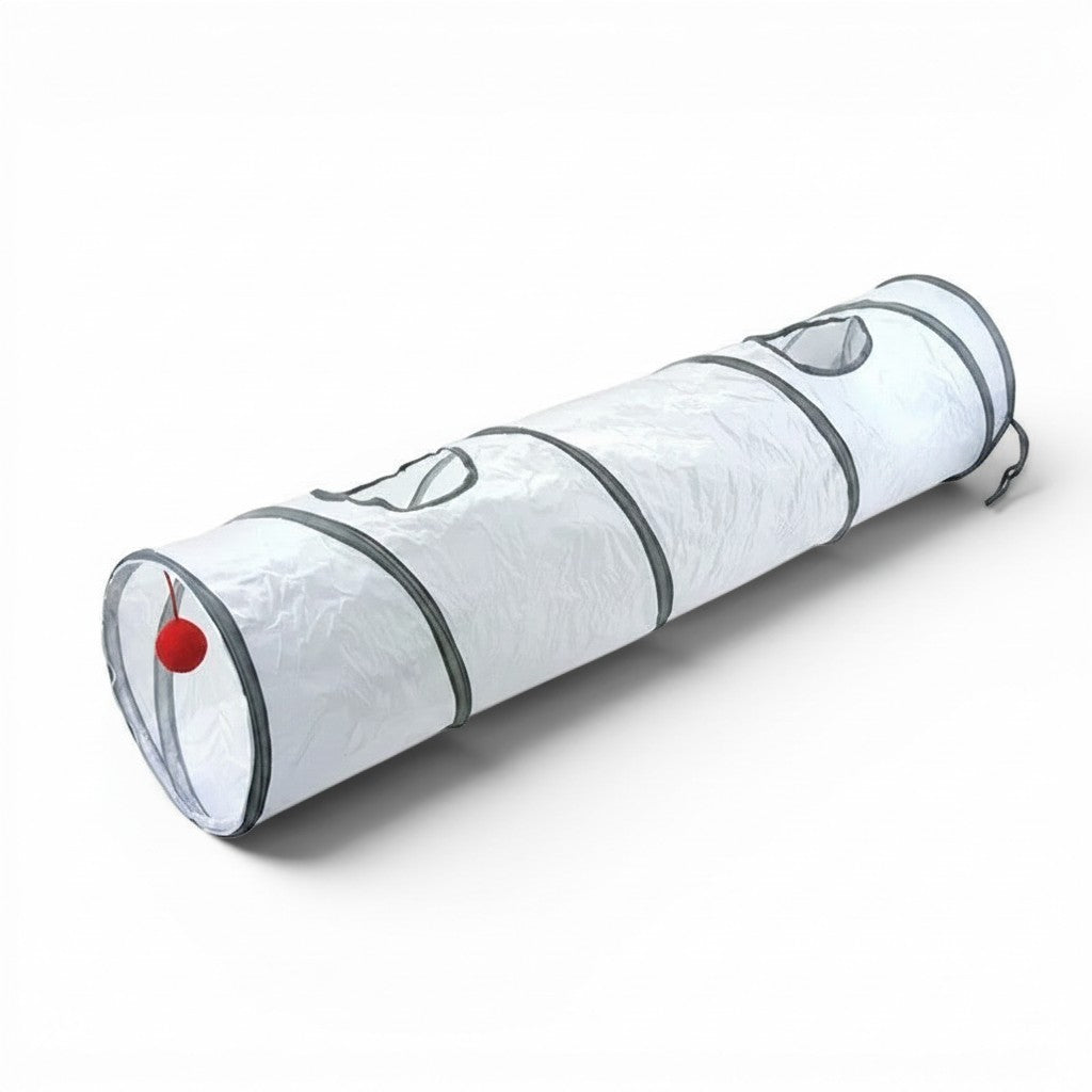 Tunnel de jeu blanc Esprit Chat en polyester avec ouvertures et balle suspendue pour divertir votre chat
