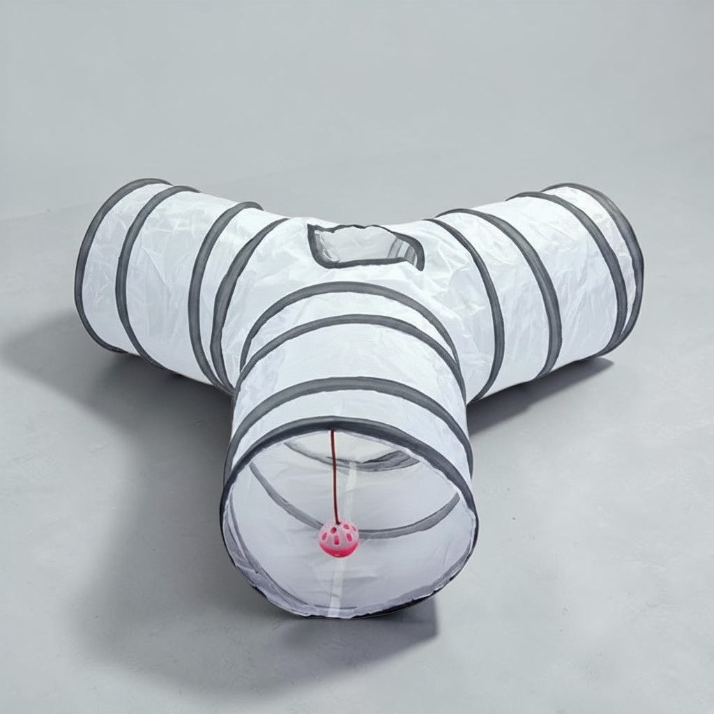 Tunnel de jeu Esprit Chat blanc en polyester à trois voies avec balle suspendue pour divertir votre chat