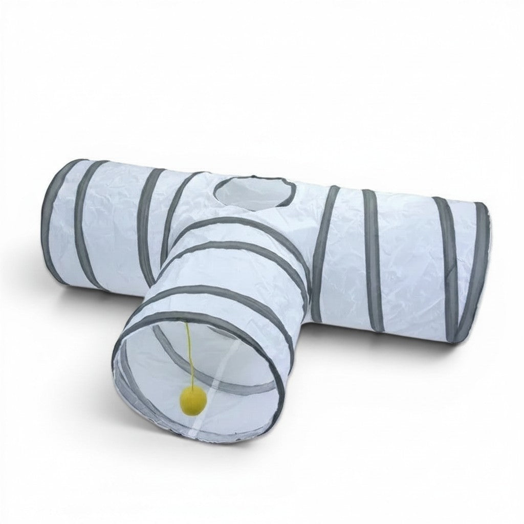 Tunnel de jeu Esprit Chat blanc en polyester avec trois entrées et une balle suspendue pour stimuler votre chat