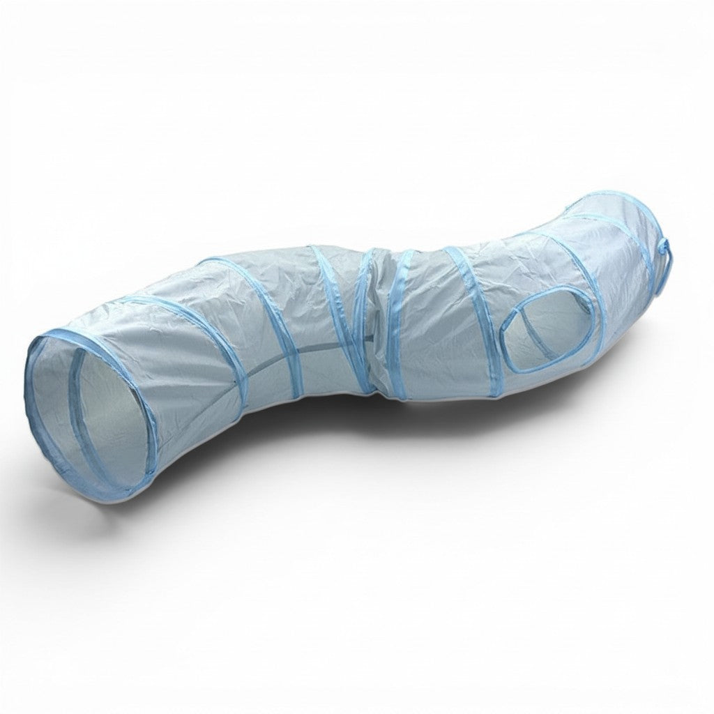 Tunnel de jeu pliable en nylon bleu pour chat, accessoire ludique Esprit Chat avec ouverture latérale.
