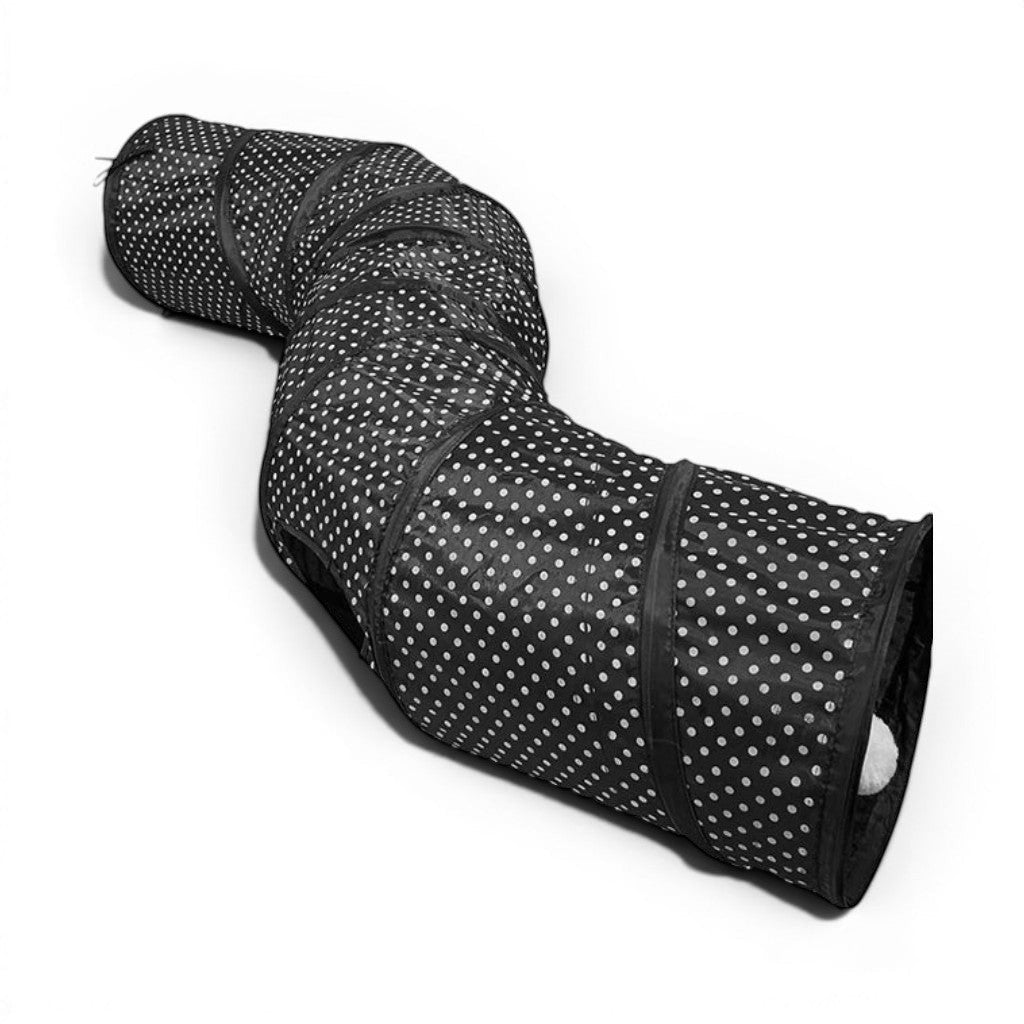 Tunnel de jeu pliable pour chat Esprit Chat en polyester noir à pois blancs avec une ouverture latérale