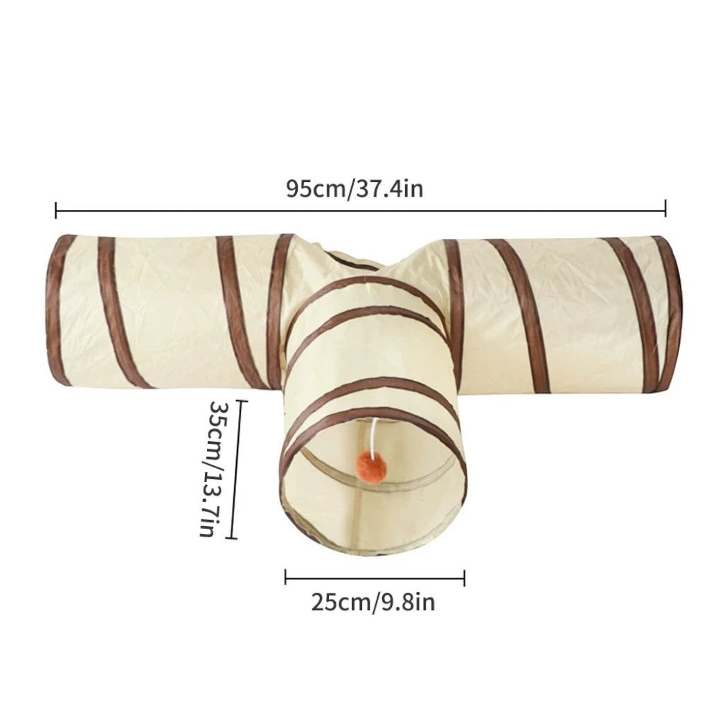 Tunnel de jeu pliable Esprit Chat en polyester beige avec trois entrées et un pompon suspendu pour chat d'intérieur