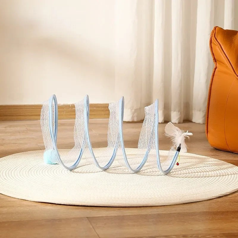Tunnel de jeu pliable Esprit Chat en nylon bleu avec plumes pour divertir votre chat ou chaton à la maison