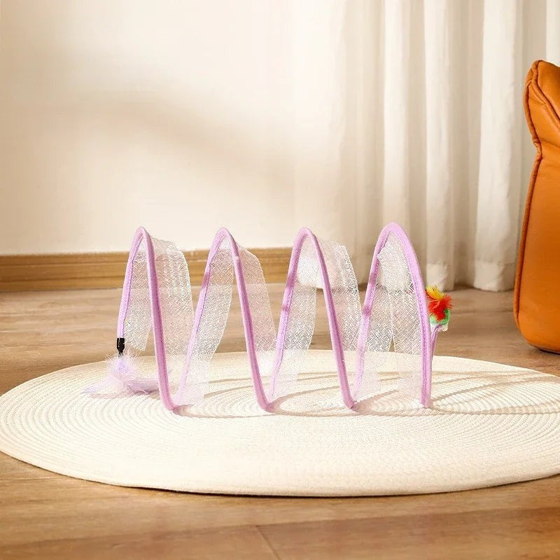 Tunnel de jeu pliable Esprit Chat en nylon transparent et violet avec plumes pour divertir votre chat ou chiot