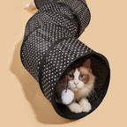 Tunnel de jeu pliable pour chat Esprit Chat en polyester noir à pois blancs avec un chat Ragdoll à l'intérieur
