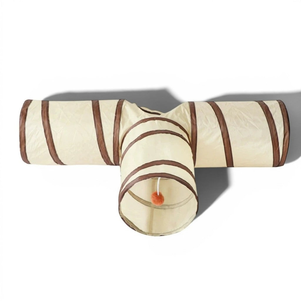 Tunnel de jeu Esprit Chat à trois branches en polyester beige avec détails marron et balle suspendue pour chat