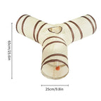 Tunnel de jeu Esprit Chat à trois branches en polyester beige avec rayures marron et pompon suspendu pour chat