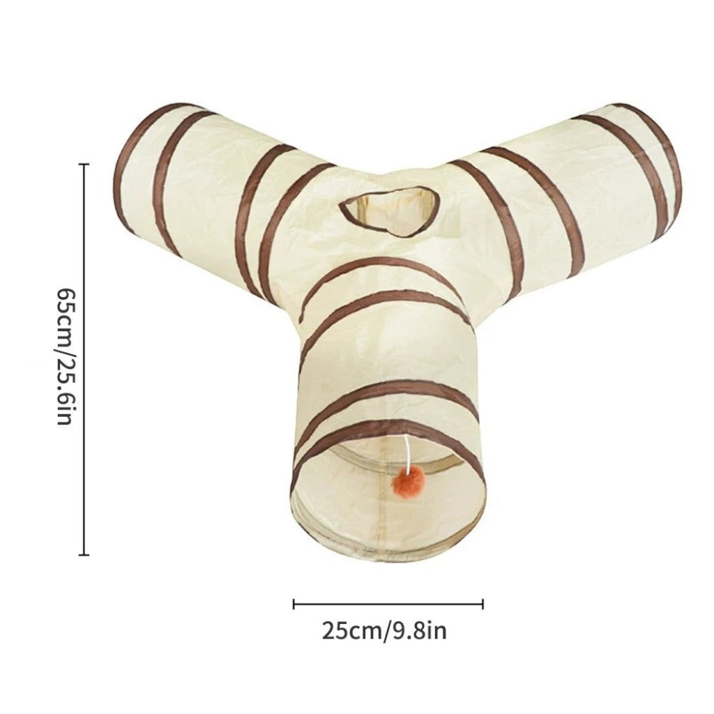 Tunnel de jeu Esprit Chat à trois branches en polyester beige avec rayures marron et pompon suspendu pour chat
