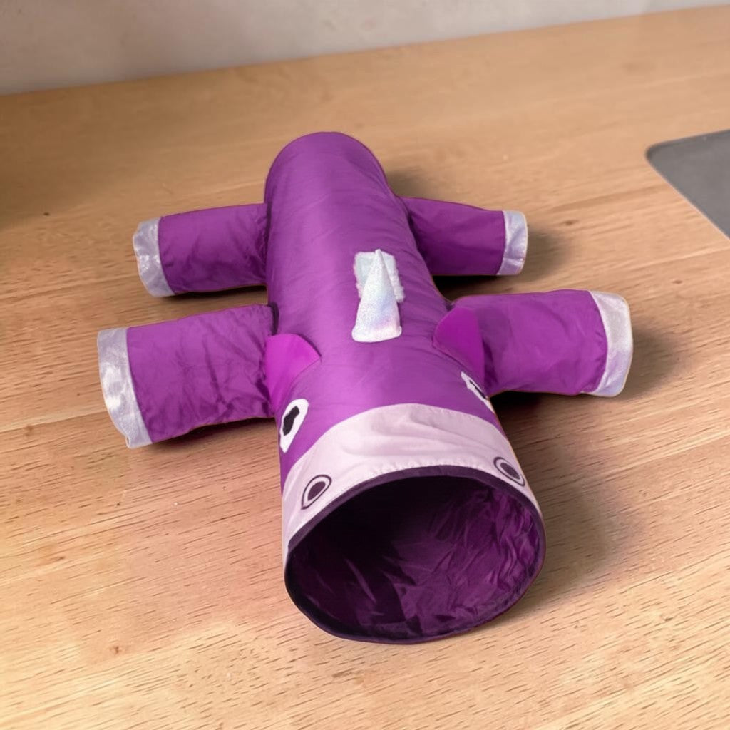 Tunnel de jeu Esprit Chat en forme de licorne violette avec 6 entrées pour chats et petits chiens en tissu durable