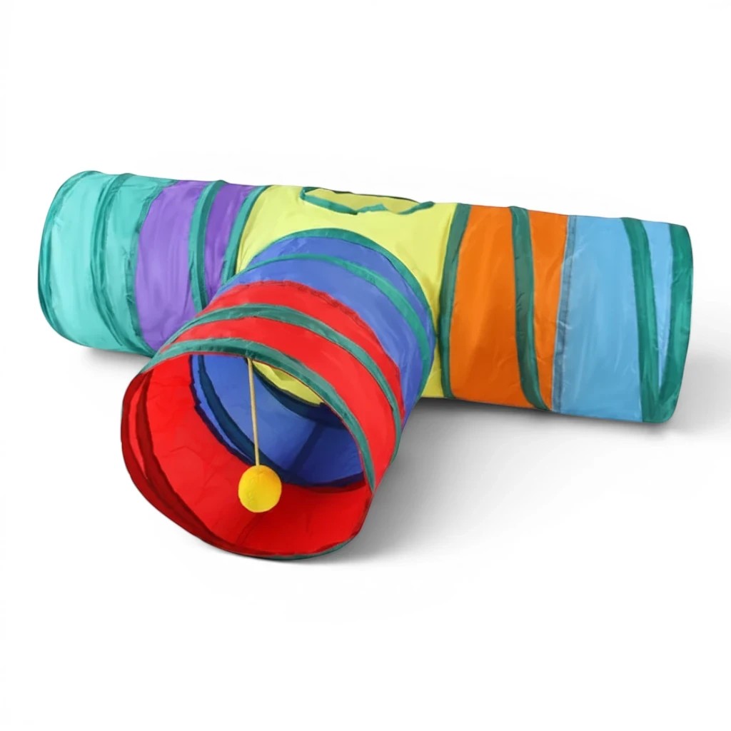 Tunnel de jeu multicolore Esprit Chat en tissu pliable avec balle suspendue pour chat et petit animal