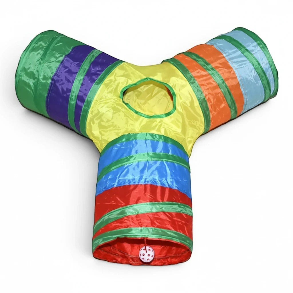 Tunnel de jeu multicolore Esprit Chat en tissu pliable pour chats et petits animaux avec trois entrées