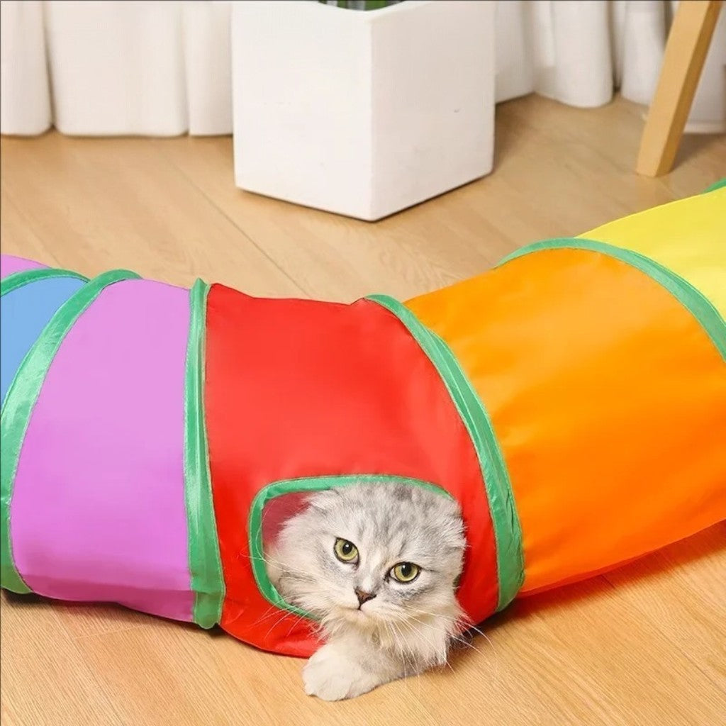 Tunnel de jeu Esprit Chat pliable et coloré en polyester pour chat, idéal pour le divertissement et l'exercice.
