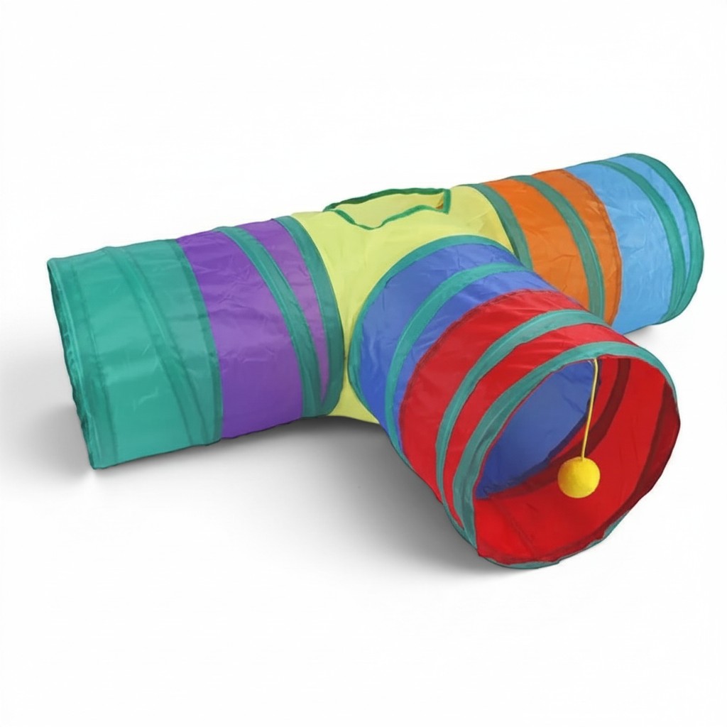 Tunnel de jeu Esprit Chat pour chat en polyester multicolore avec trois entrées et une balle suspendue interactive