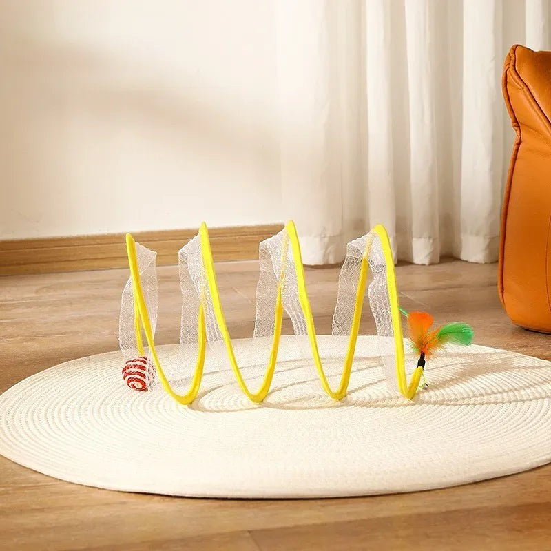 Tunnel de jeu pliable Esprit Chat en nylon jaune avec plumes et balle pour divertir votre chat ou petit animal