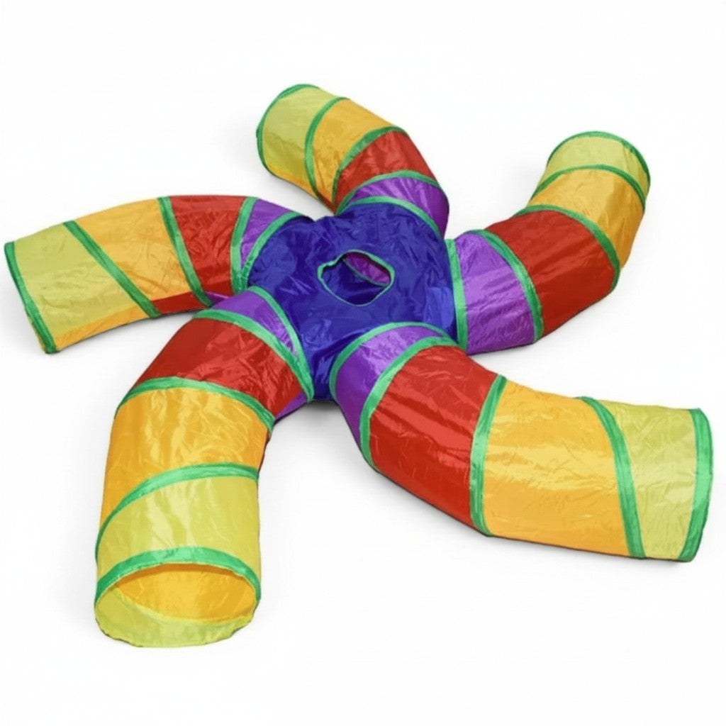 Tunnel de jeu Esprit Chat pour chat en polyester pliable et coloré avec cinq entrées pour l'exercice et l'amusement