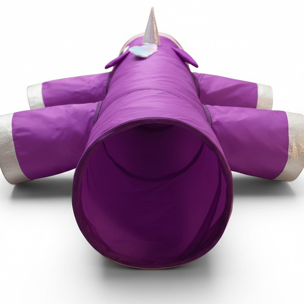 Tunnel de jeu Esprit Chat XXL en forme de licorne violette avec 6 entrées, en tissu durable pour chats et petits chiens