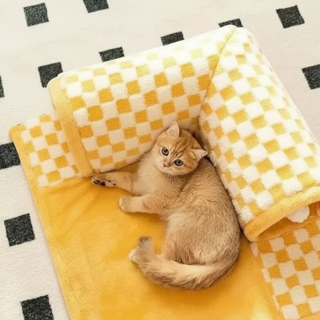 Tunnel pour chat 2 en 1 Esprit Chat en laine jaune et blanc à motif damier, servant de lit douillet et de jouet.