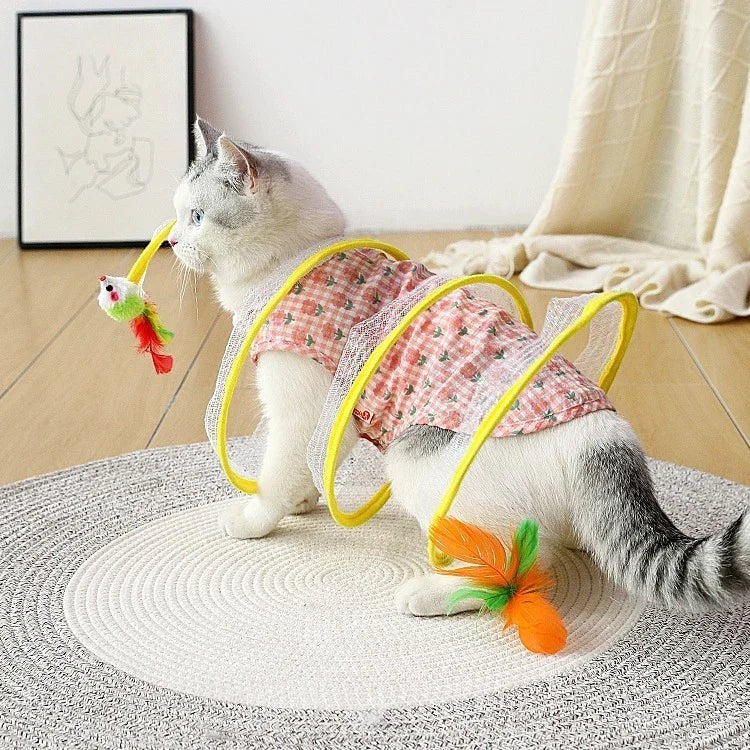 Chat jouant avec un tunnel pliable Esprit Chat en nylon avec plumes et jouets suspendus sur un tapis clair
