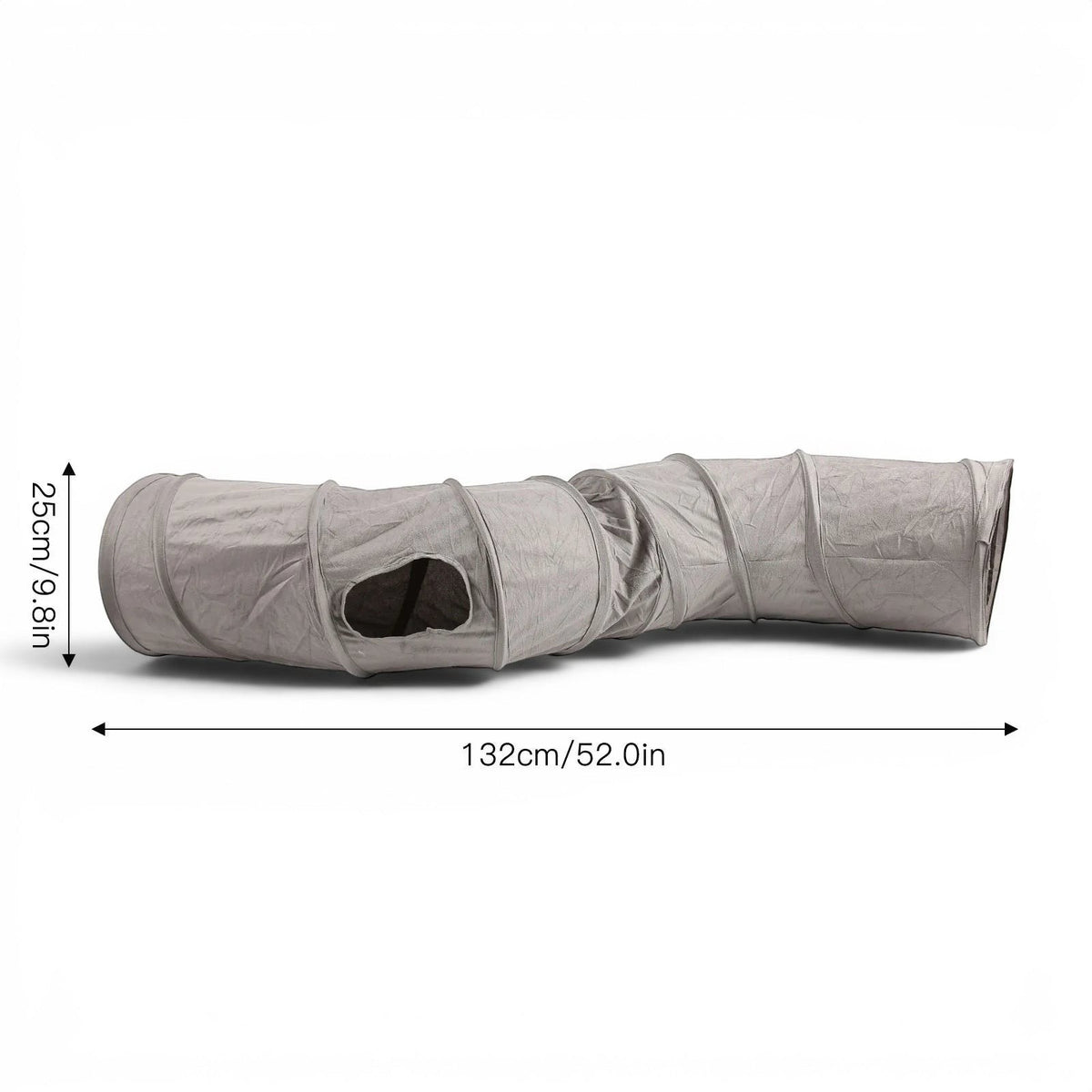 Tunnel pour chat Esprit Chat pliable en suédine grise, 132 cm, avec ouvertures latérales pour le jeu interactif.