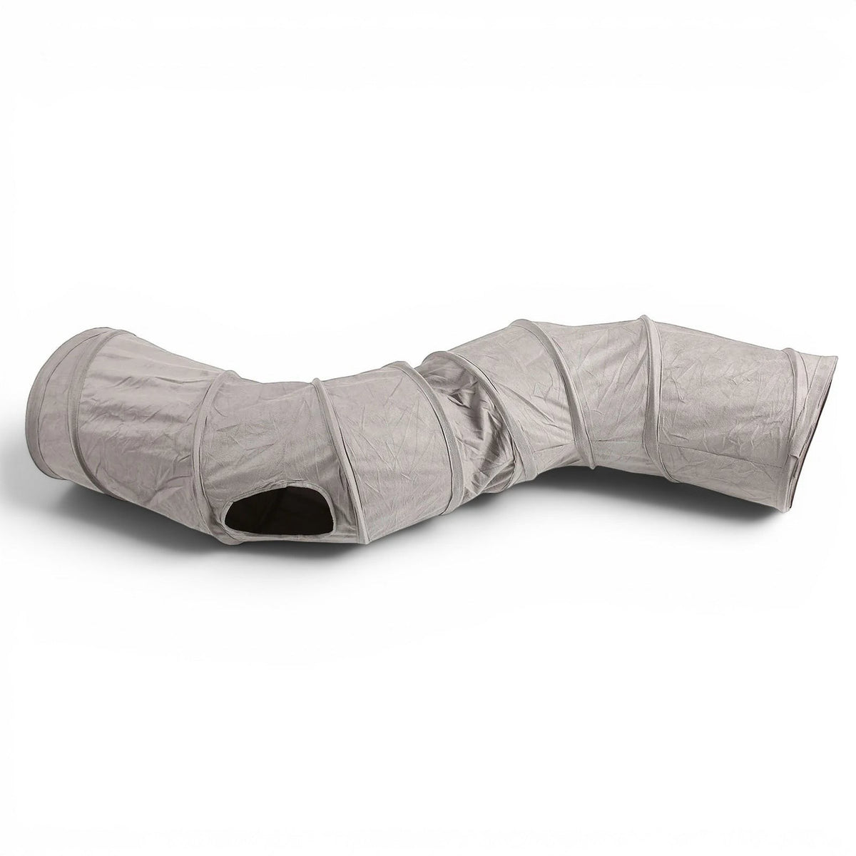 Tunnel pour chat Esprit Chat pliable en suédine grise, forme en S avec ouvertures latérales pour le jeu interactif.