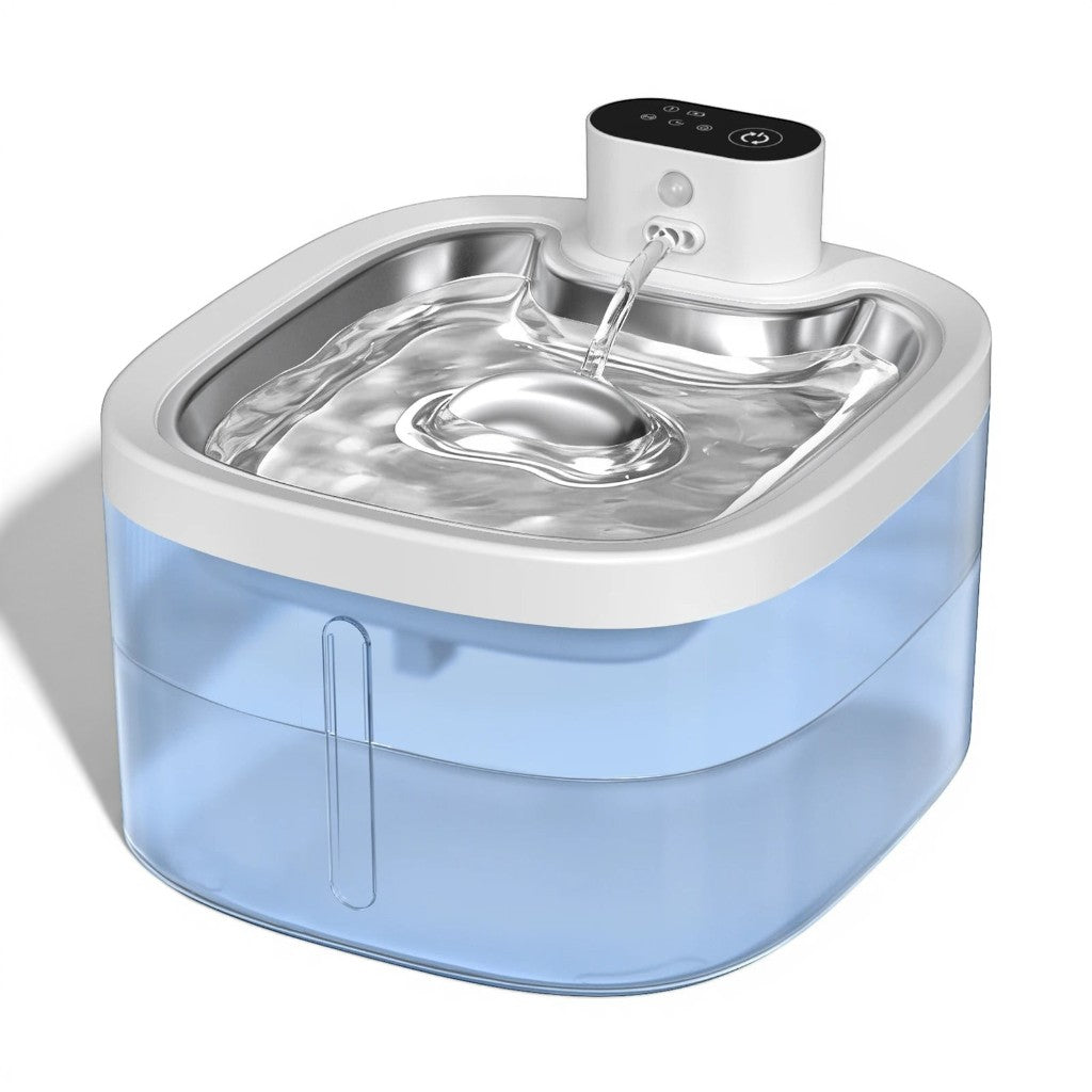 Fontaine à eau sans fil LABEKA en acier inoxydable pour chats, avec réservoir bleu et filtration multicouche.