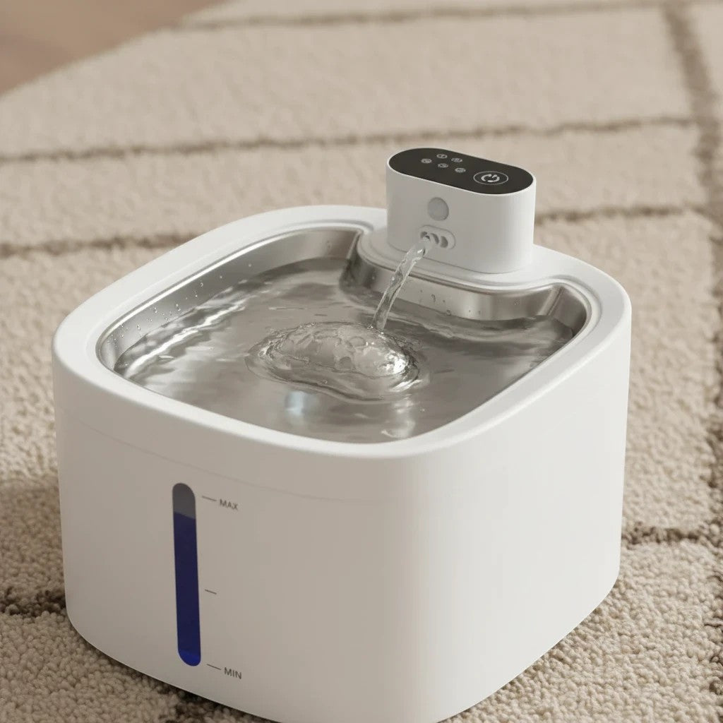 Fontaine à eau sans fil LABEKA en acier inoxydable pour chats, avec indicateur de niveau d'eau.