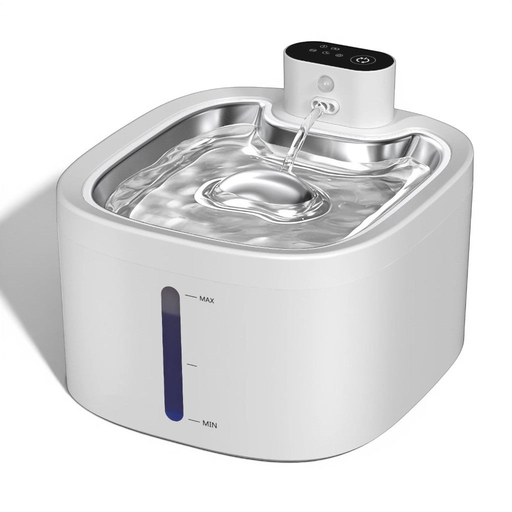 Fontaine à eau sans fil en acier inoxydable LABEKA pour chats, avec indicateur de niveau d'eau et filtration silencieuse.