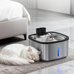 Fontaine à eau silencieuse en acier inoxydable LABEKA pour chats, avec indicateur de niveau d'eau bleu.