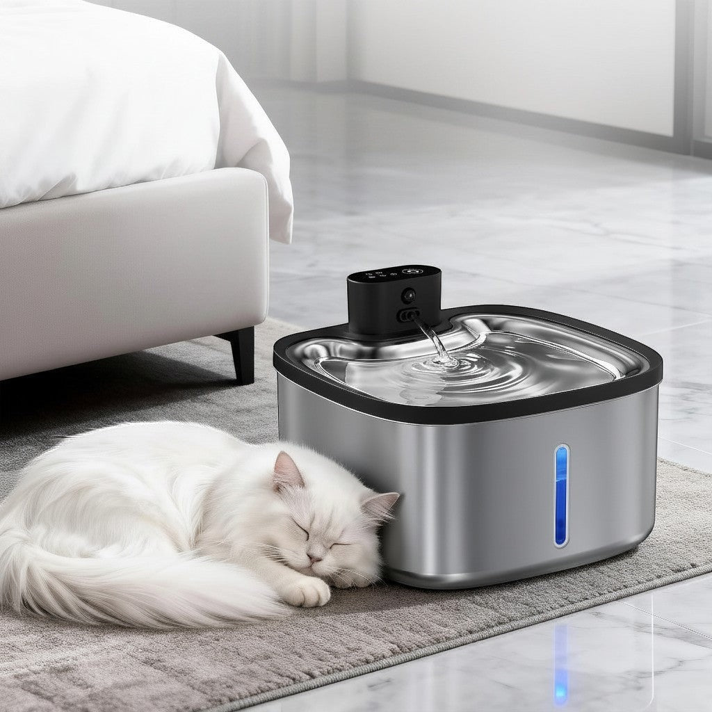 Fontaine à eau silencieuse en acier inoxydable LABEKA pour chats, avec indicateur de niveau d'eau bleu.