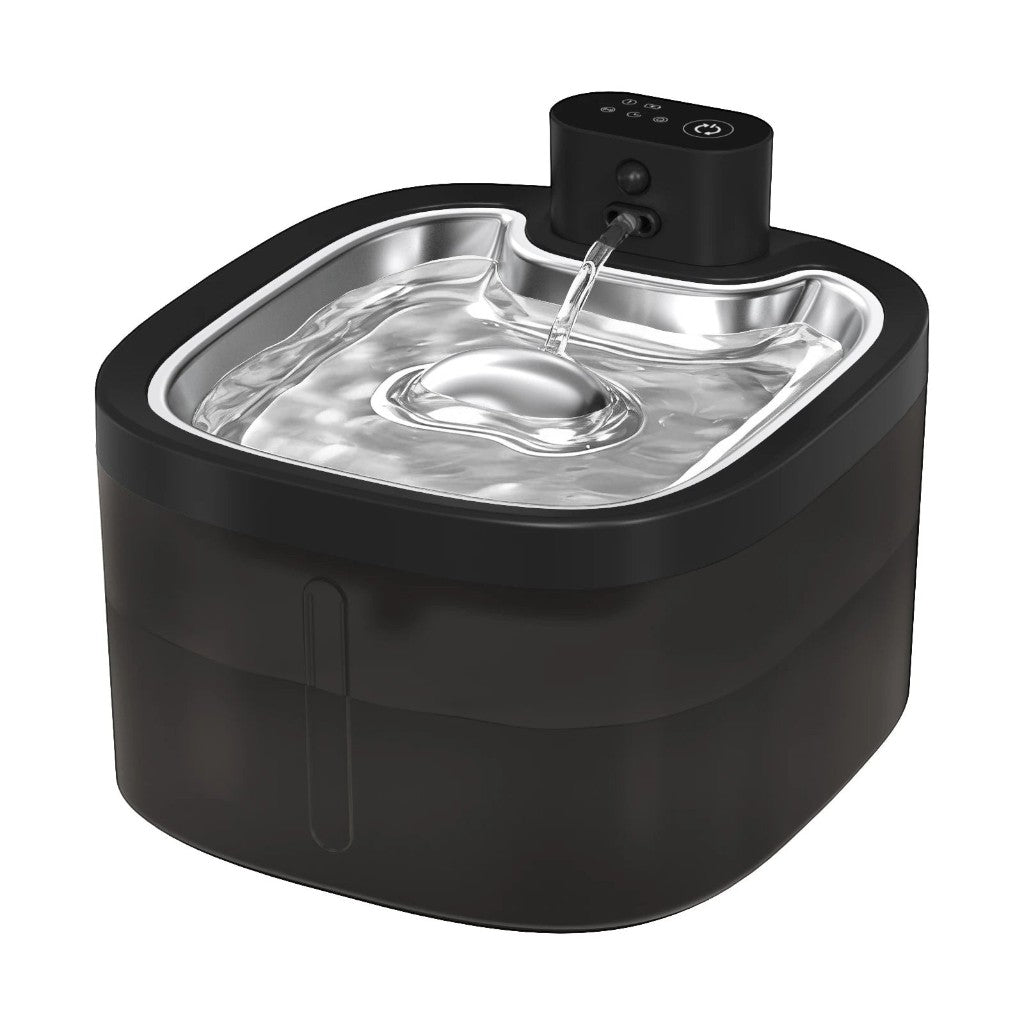 Fontaine à eau sans fil LABEKA en acier inoxydable pour chats, avec filtration et indicateur de niveau d'eau.