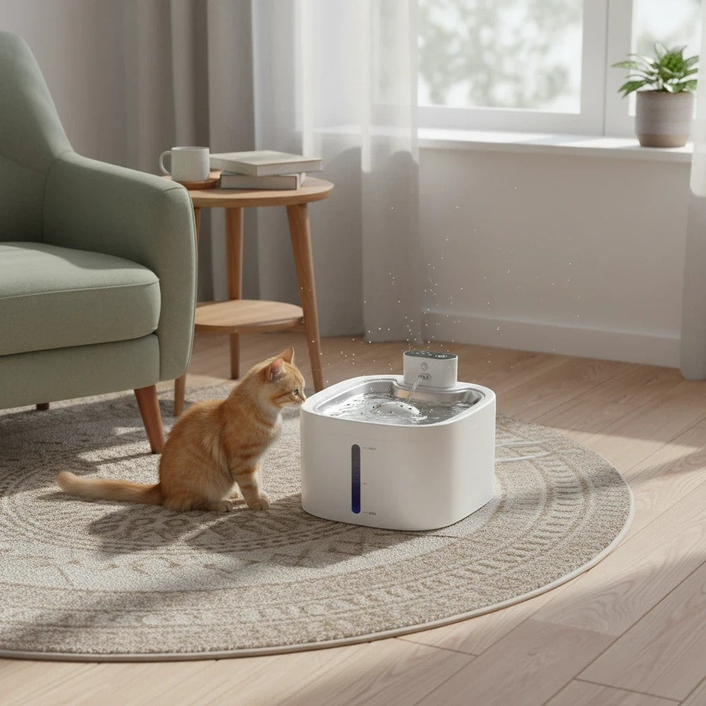 Fontaine à eau sans fil LABEKA en acier inoxydable pour chat, avec un chat roux à côté.