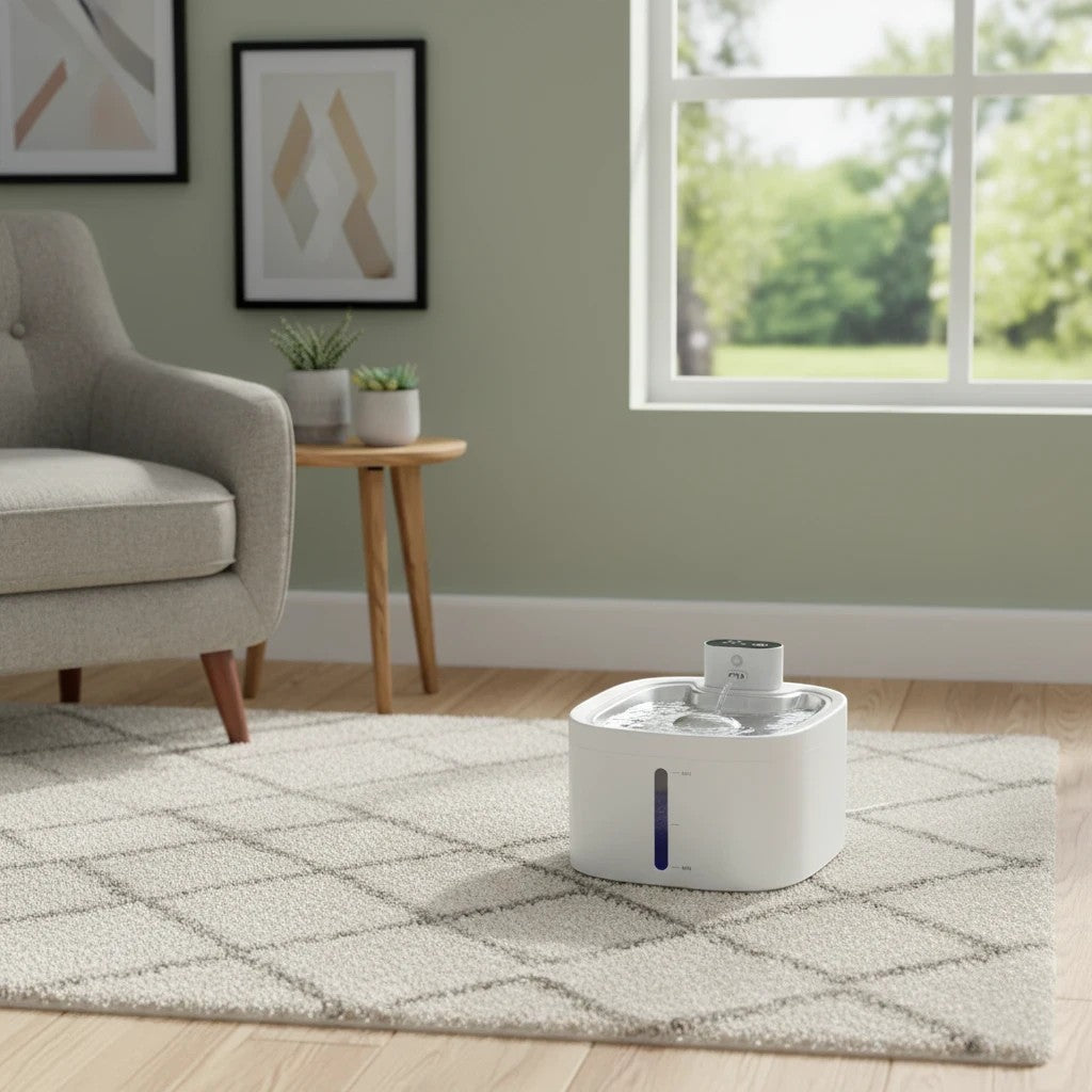 Fontaine à eau sans fil LABEKA en acier inoxydable pour chats, avec indicateur de niveau d'eau bleu.